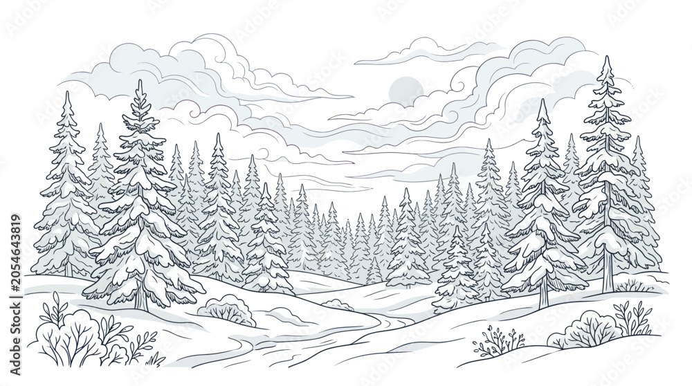 Fototapeta premium Snowy evergreen forest landscape line art sketch