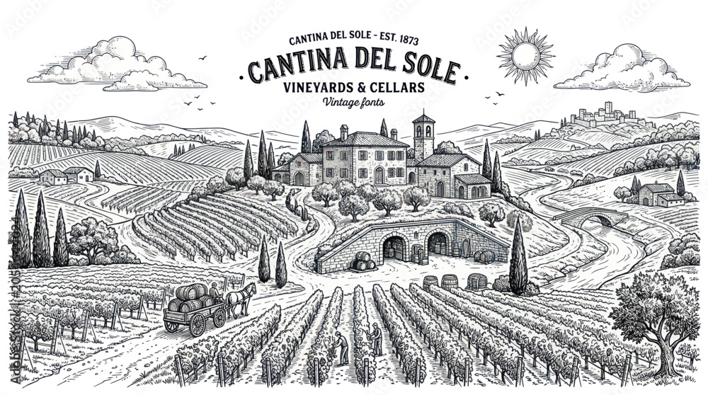 Fototapeta premium Classic italian vineyard landscape with wine cellar and rolling hills