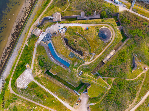 Fort IJmuiden on Forteiland Island aerial view, in town of IJmuiden, North Holland, Netherlands. This fort protected the entrance to the North Sea Canal and now is part of UNESCO World Heritage Site D