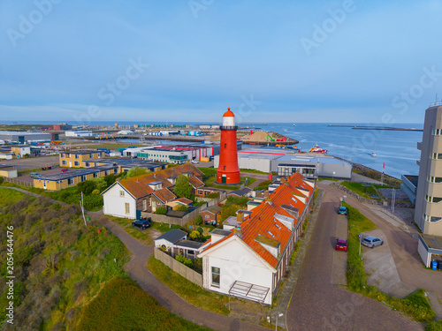 Low Lighthouse of IJmuiden (Lage vuurtoren van IJmuiden) aerial view at the entrance to the North Sea Canal, in town of IJmuiden, North Holland, Netherlands. 