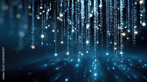 Digital Rain of Binary Code in a Futuristic Setting with Glowing Lights and Blue Tones, Representing Technology and Data Transformation in a Modern World