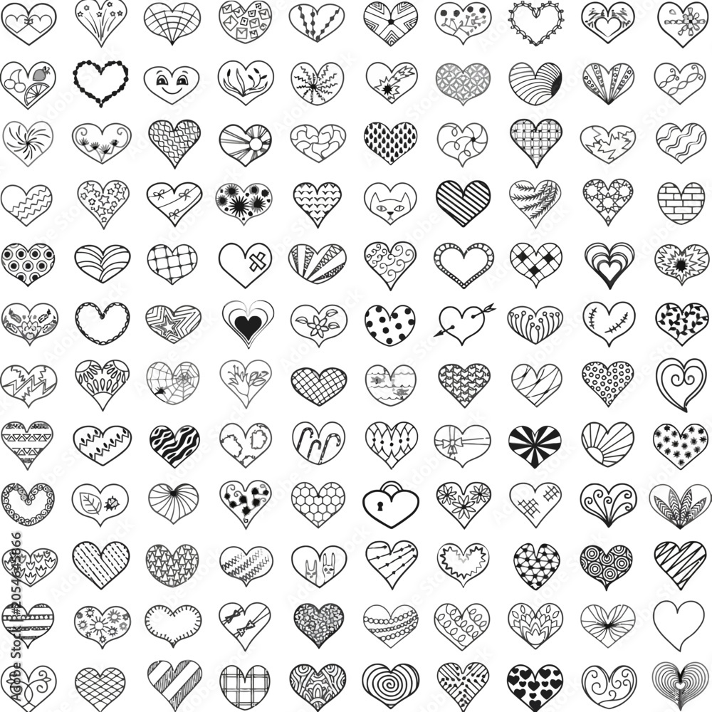 Fototapeta premium Set of hand drawn heart doodle icons in corazon vector style for coloring page and design