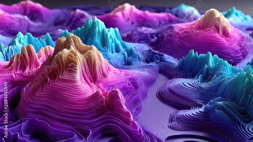 Abstract representation of vibrant and colorful mountainous terrain with flowing lines and gradients, showcasing a blending of purple, blue, and pastel tones in a surreal landscape.