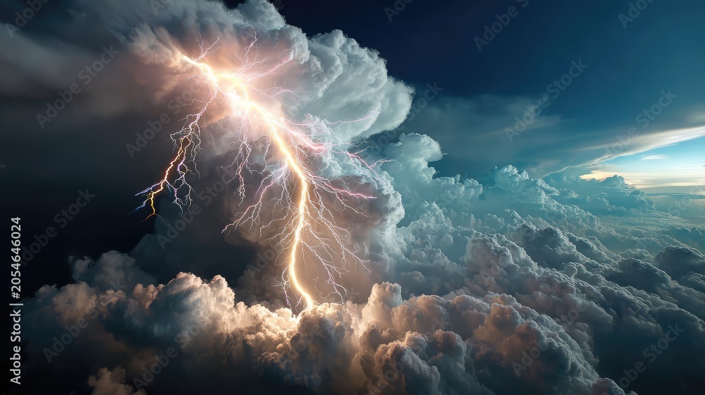 Fototapeta premium Dramatic Lightning Striking Through Dark Storm Clouds Creating a Powerful and Awe-Inspiring Scene in the Sky During a Thunderstorm
