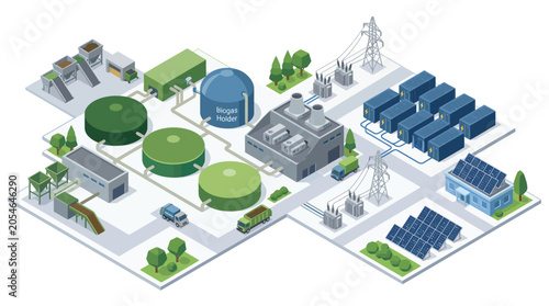 Fotografie Industrial Wastewater Treatment Facility with Biogas Plant Solar Panel Power Gri