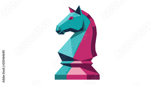Geometric knight chess piece in teal and magenta, isolated on white