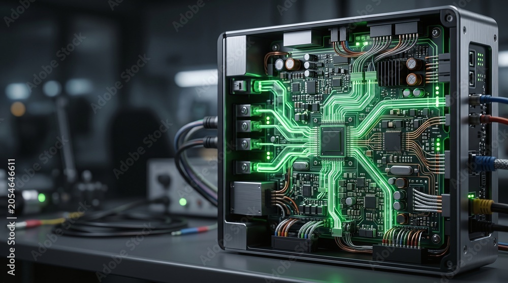 Fototapeta premium Smart energy grid distribution hardware module 3D illustration with copy space