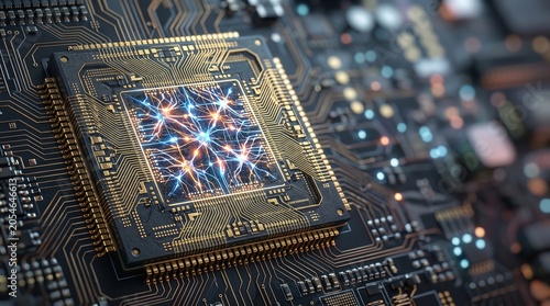 Advanced AI neuromorphic processor chip with gold micro circuitry 3D illustration with copy space