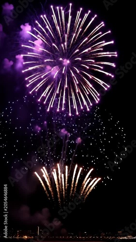 Large red firework display illuminating the dark night sky.