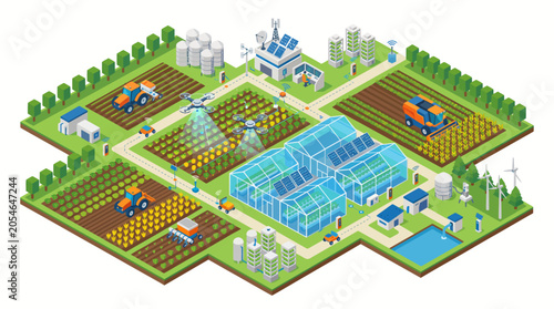 Obraz na płótnie Integrated Farm Area Isometric with Greenhouse Tractors Crop Fields Silo and Pro