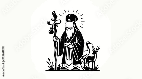 Foto Chinese Taoist Immortal Figure with Staff and Deer