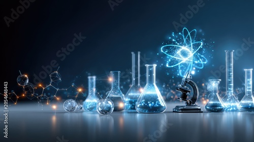 Futuristic Laboratory with Glassware and Microscope Featuring Neon Atom Model, Symbolizing Scientific Research, Chemistry, and Innovation for Educational Purposes
