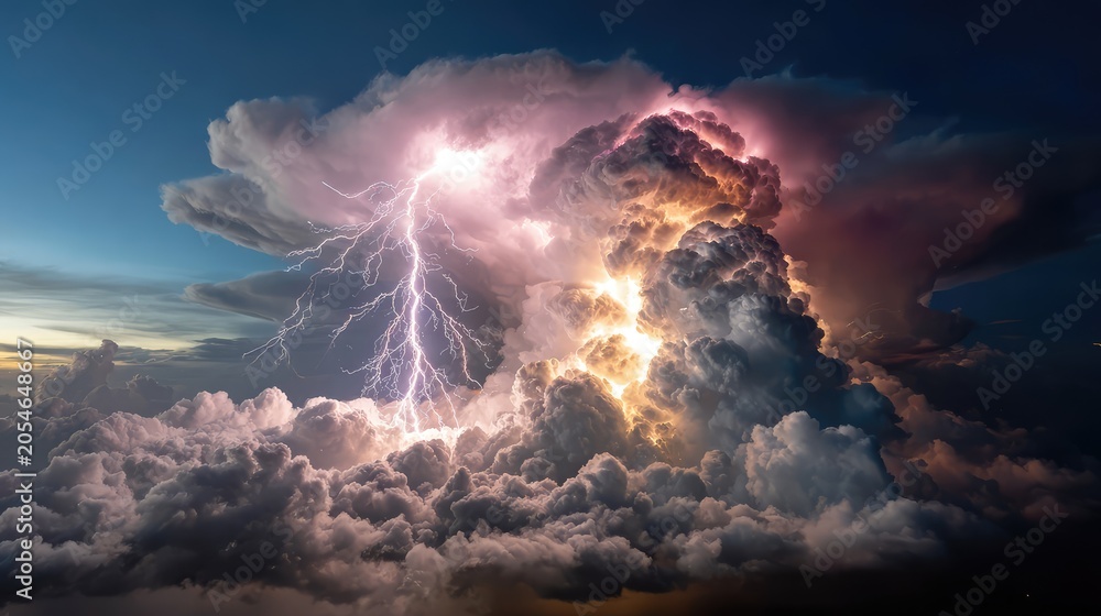 Fototapeta premium Dramatic Thunderstorm with Fiery Cloud Formation and Intense Lightning Strikes Illuminating the Dark Sky During a Powerful Weather Event at Dusk