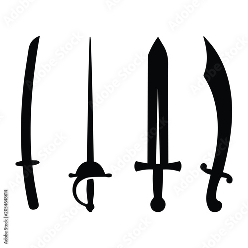 Schilderij op canvas Sword types set — katana, rapier, broadsword, scimitar icon Silhouette Vector bl