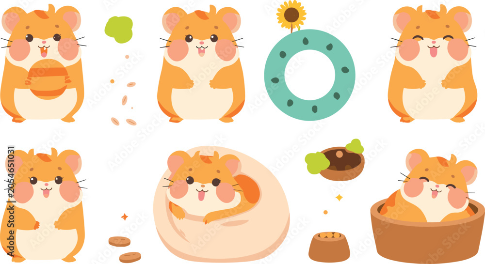Fototapeta premium Cute Hamster Cartoon Collection Featuring Happy Sleeping Eating and Cozy Pet Hamsters with Seeds Food Bowl and Wheel Vector Illustration