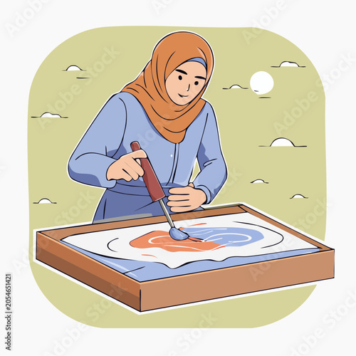 Woman in Hijab Creating Ebru Art