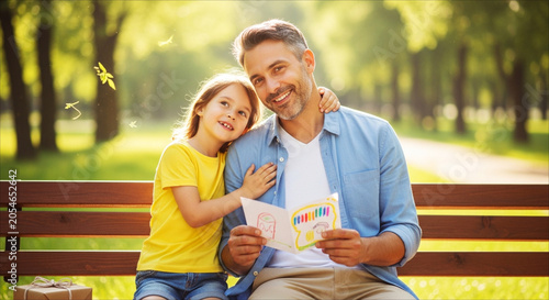 Father and daughter with handmade card on bench. Father and daughter sitting on a park bench holding a handmade card