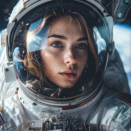 A female astronaut in a spacesuit with a reflective helmet
