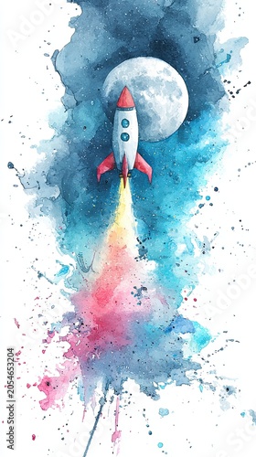 A watercolor painting of a rocket launching into space with a full moon in the background, featuring vibrant splashes of blue, pink, and purple.