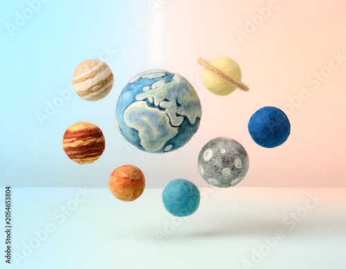 Handcrafted wool felt planets forming a whimsical solar system model, artfully arranged against a clean, gradient background for an educational and decorative cosmic display