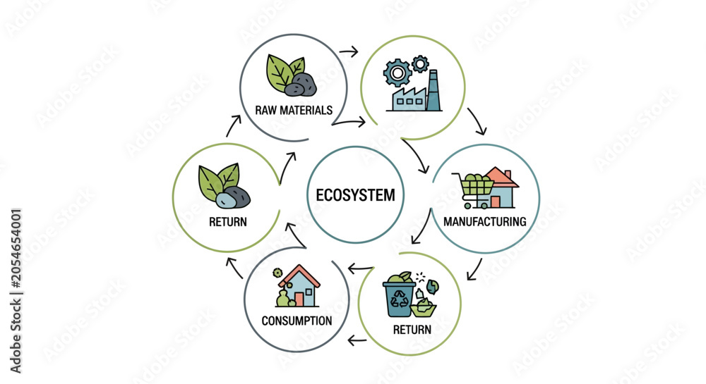Fototapeta premium Ecosystem, Sustainable, Infographic, Icons, 6 Steps, Cycle Diagram, Environmental, Business Process, Vector Illustration isolated on White Background vector eps silhouette