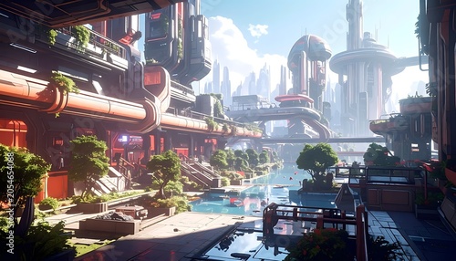 A futuristic cityscape with sleek buildings and lush greenery
