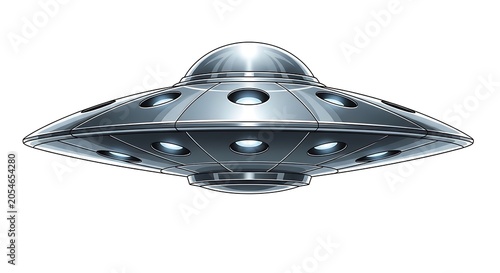 Metallic flying saucer ufo isolated on white background