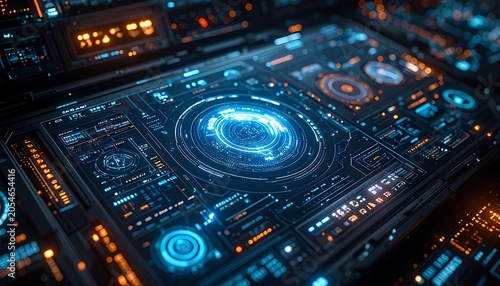 A futuristic digital interface with glowing blue and orange circuits