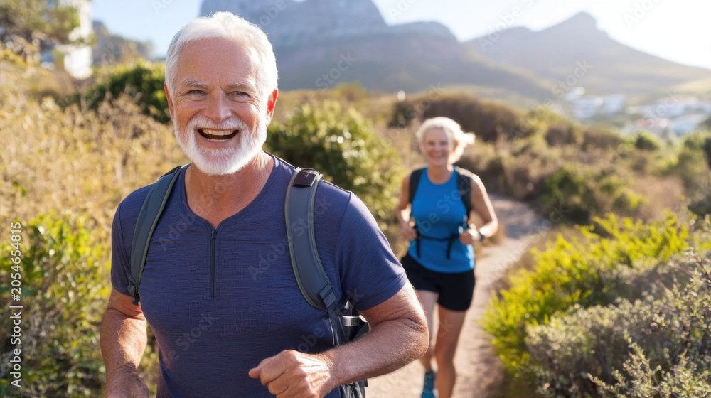 Naklejka premium Happy Senior Couple Hiking on Scenic Nature Trail