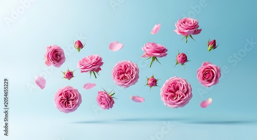 Floating pink roses and petals against a soft blue background for floral themes