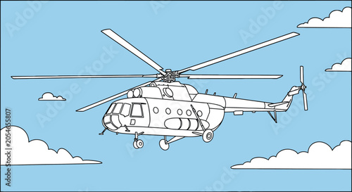 Large Utility Helicopter Outline Soaring Through the Blue Sky Illustration