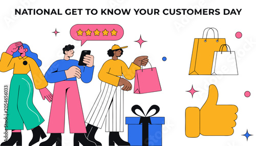 Customer appreciation, National Get to Know Your Customers Day, shopping icons, customer service vector