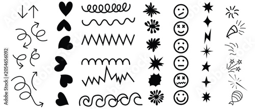 Collection of hand-drawn black doodle design elements including arrows, hearts, lines, stars, and smiley faces on white background.