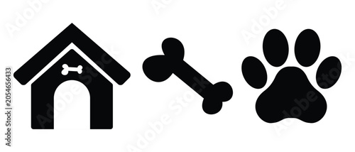 Minimalist black silhouette icons of a dog house, a pet bone, and an animal paw print isolated on a white background.