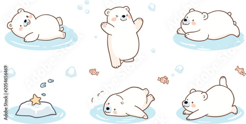 Bild auf Leinwand Cute Polar Bear Cartoon Collection Featuring Playful Baby Polar Bears on Ice Flo