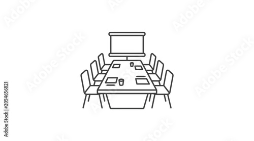 Conference table with chairs and monitor line art.