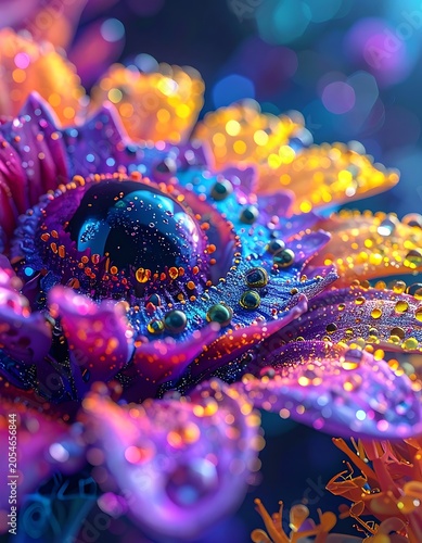 A vibrant, close-up floral image with dewdrops and colorful petals