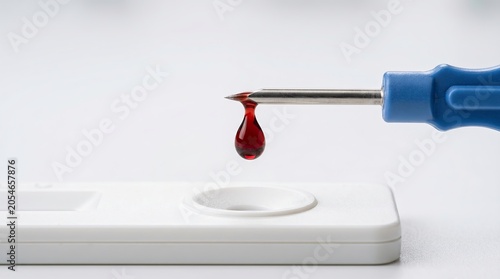 Blood drop on metal lancet above white testing device