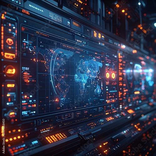 Futuristic control panel with a world map on a screen