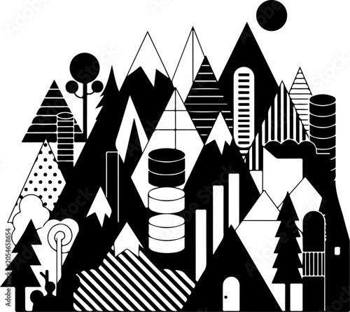 Geometric mountain landscape, black and white illustration, abstract peaks, modern design elements