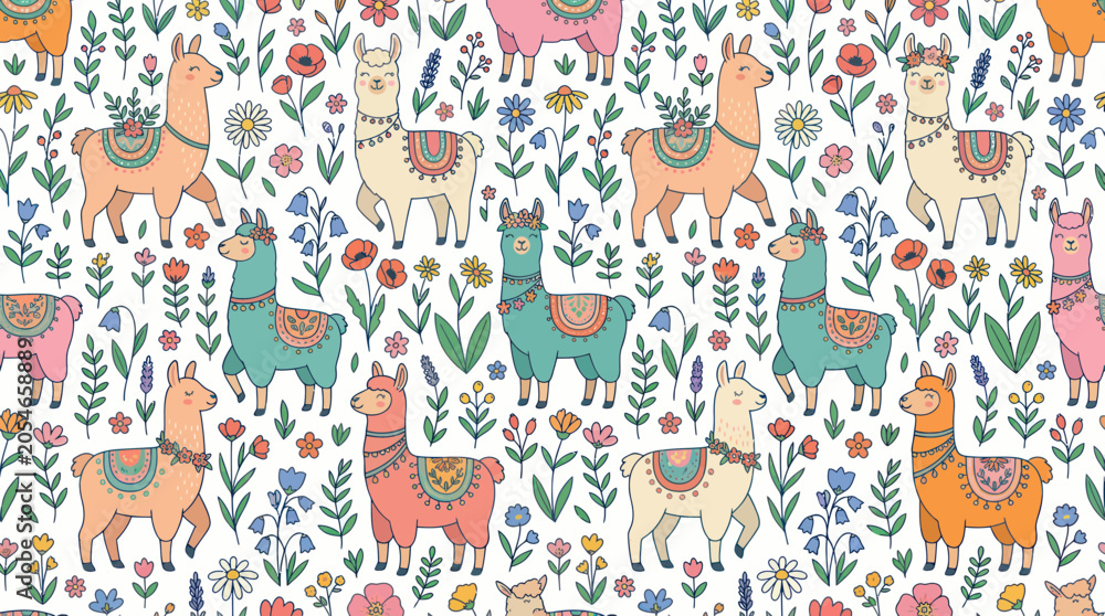 Fototapeta premium Colorful Llamas in Floral Pattern.