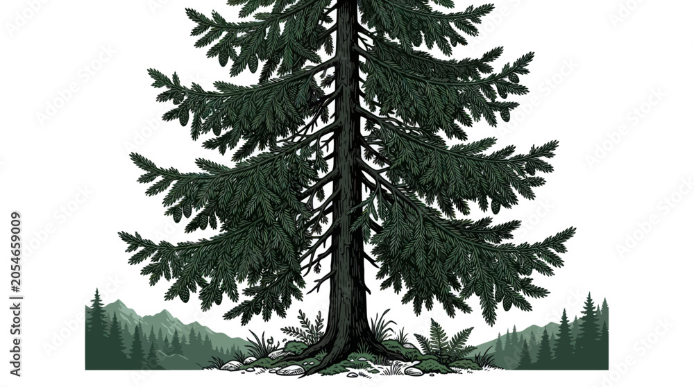 Obraz premium Large Evergreen Pine Tree Trunk Branches.