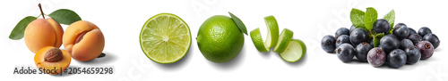 Composition of various fresh ripe fruits isolated on white background, high quality realistic Fruits PNG set and Transparent Background apricots, fresh orange a citrus fruit, pile of Maqui berries.