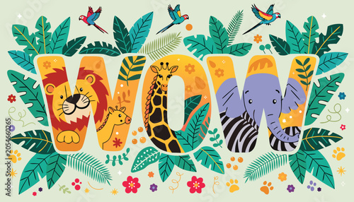 Photos Wow typography with colorful zoo animals inside letters surrounded by exotic lea