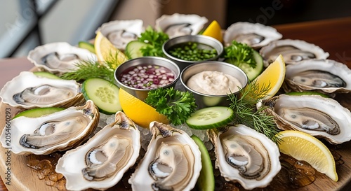 Fresh raw oysters on ice with lemon wedges and dipping sauces served on wooden platter