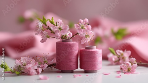 Elegant Pink Thread Spools Surrounded by Cherry Blossom Flowers on Soft Pink Fabric, Perfect for Sewing and Crafting Inspiration in Springtime Decor
