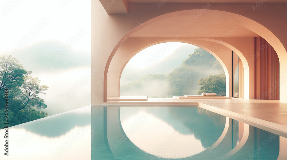 Fototapeta premium Modern Curved Architecture with Serene Indoor Pool and Nature View
