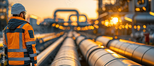 Industrial plant worker pipeline inspection safety protective clothing Industrial plant worker inspecting pipeline sunrise, wearing protective