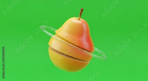 Fresh yellow and red pear with thin stem on a solid green background