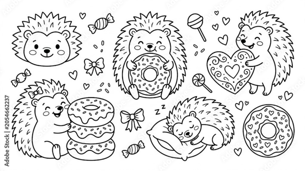 Fototapeta premium Cute Hedgehog and Sweet Donut Sticker Pack Kawaii Woodland Character Vector Collection